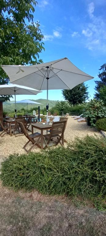 a picnic table with an umbrella on the beach at Agriturismo Cascina Knec in Feisoglio