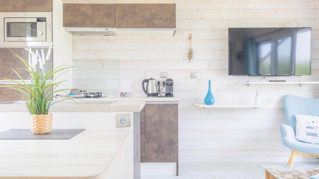 a kitchen with a tv on a wall at Le Theven in Sibiril