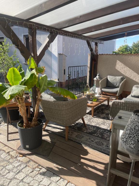 a patio with a couch and a table with plants at Ferienhaus Margarete in Gablenz