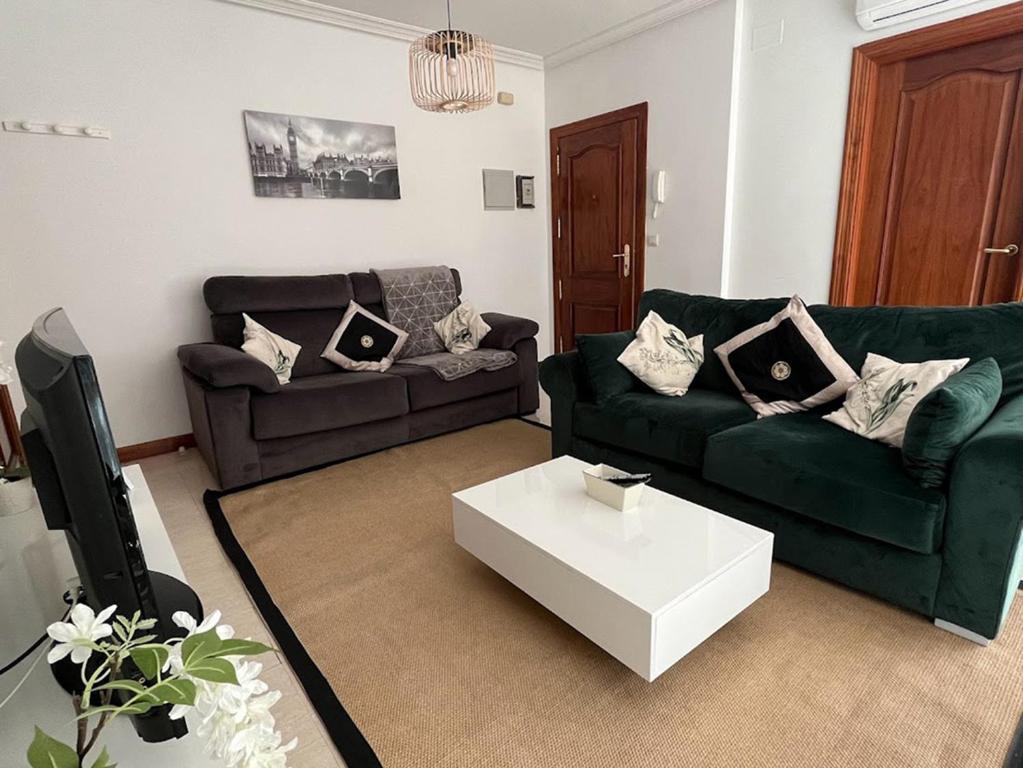 a living room with two green couches and a tv at Apartamentos Gran Via in Salamanca