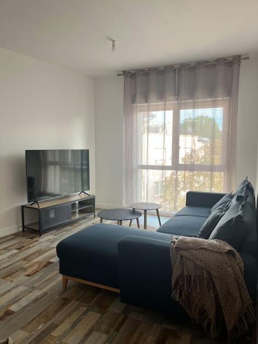 a living room with a couch and a flat screen tv at Appartement Centre Annemasse, direct tram Geneve in Annemasse