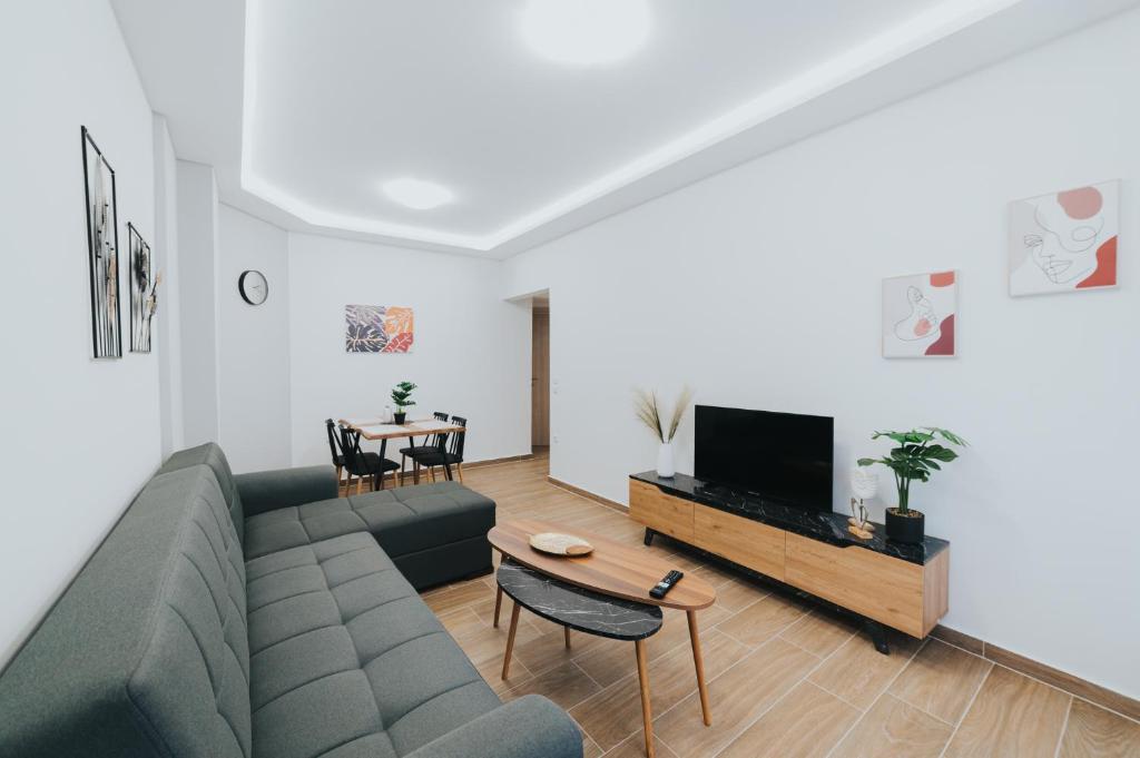 a living room with a couch and a tv at Comfy and Stylish apartment Thessaloniki in Thessaloniki