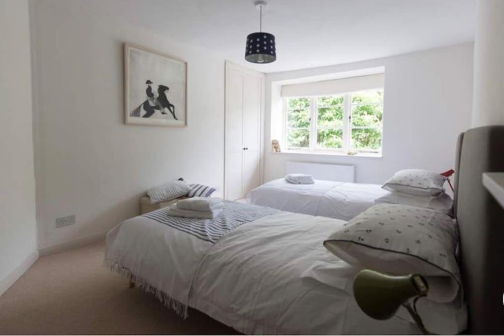 a bedroom with two beds and a window at Beaston Cottage in Totnes