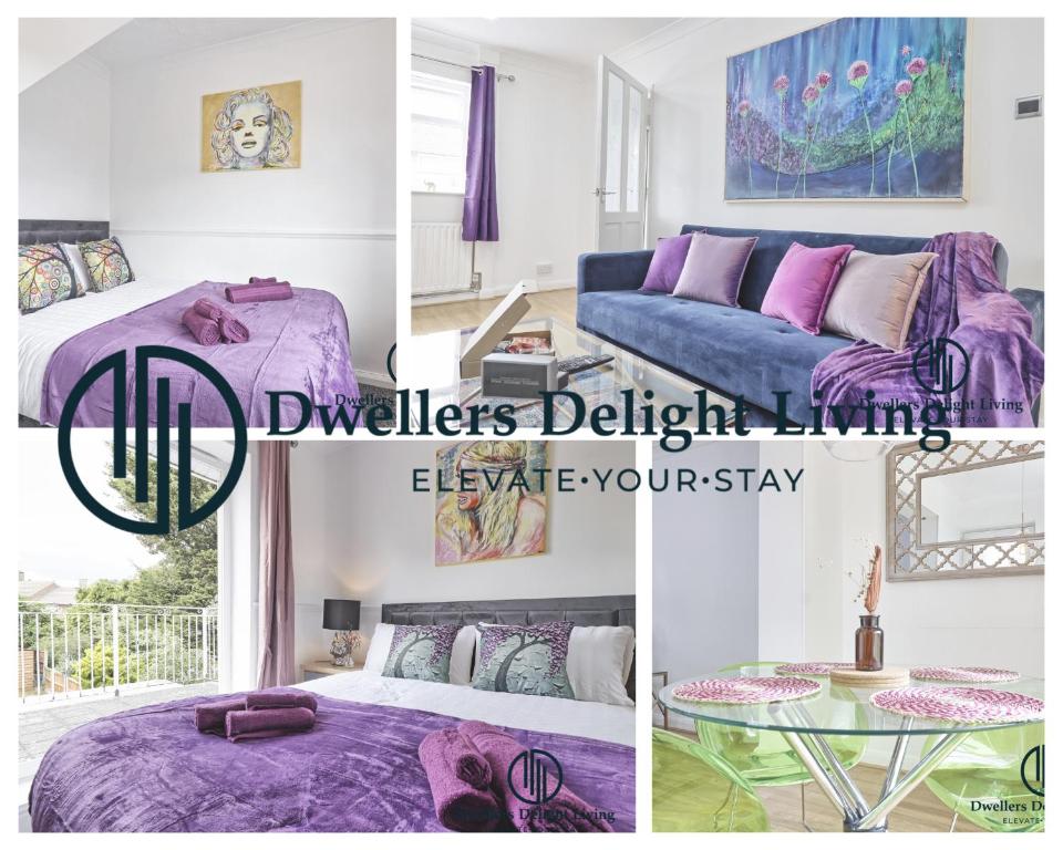 un collage de fotos de un dormitorio con muebles morados en Purple Velvet - 2 Bed Home Spacious - Basildon Essex Upto 5 Guests, Free Wifi , Free Parking, en Basildon