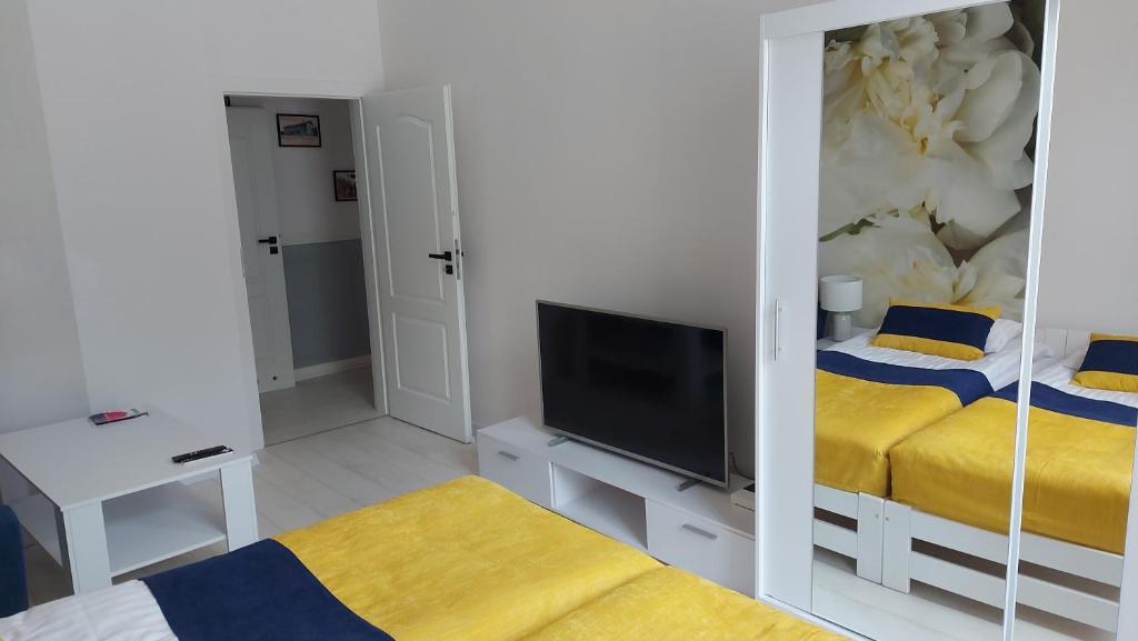 een woonkamer met 2 bedden en een televisie bij Apartament Na Dworcu in Jedlina-Zdrój
