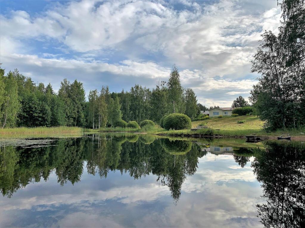 Blick auf einen See mit Bäumen und Wolken am Himmel in der Unterkunft Lappalaisen lomamökit Pihamökki in Puumala