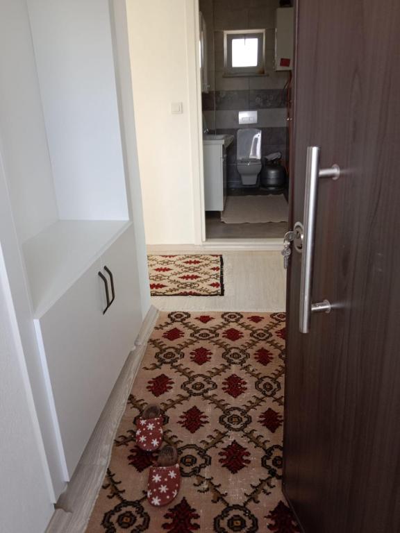 a hallway with a door with a rug on the floor at Çetin apart in Ezine