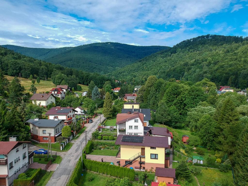 an aerial view of a small village in the mountains at Apartament - Bystra in Bystra