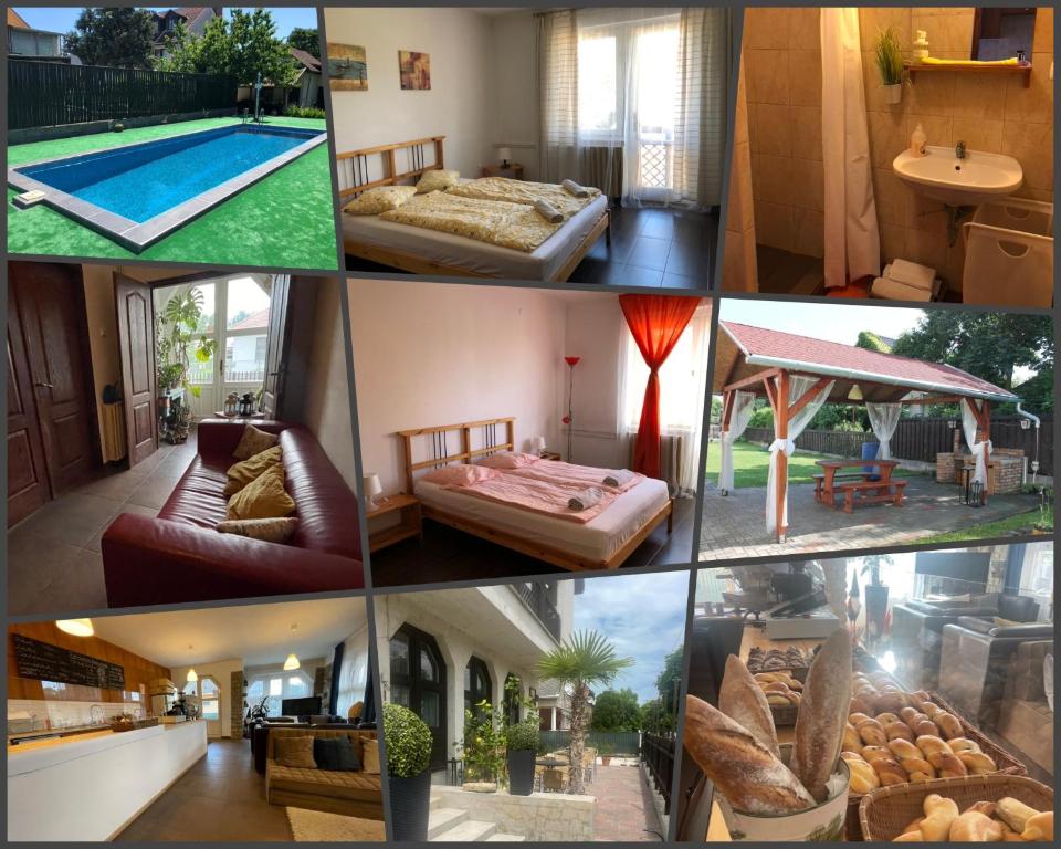 a collage of pictures of a bedroom and a pool at Bestapartman in Balatonboglár