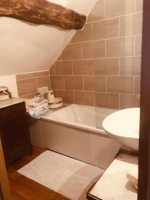 a bathroom with a tub and a toilet and a sink at Manoir de Pimelles-Bourgogne-Chablis-2h15 Paris 