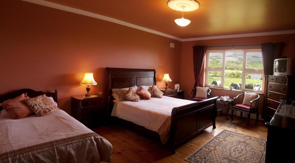 a bedroom with two beds and a window at Cappabhaile House in Ballyvaughan