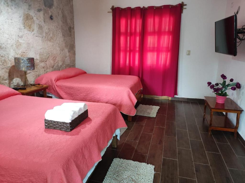 科蘇梅爾的住宿－Aldea Isla Sagrada，客房设有两张带粉色床单的床和电视。