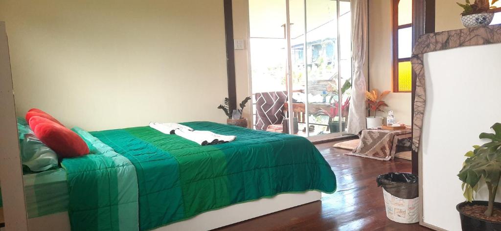 a bedroom with a green bed with a cat laying on it at Yafin khaokho Camping in Ban Pa Daeng