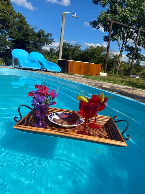 uma bandeja com bebidas e flores numa mesa numa piscina em Recanto da Represa Carrancas em Carrancas
