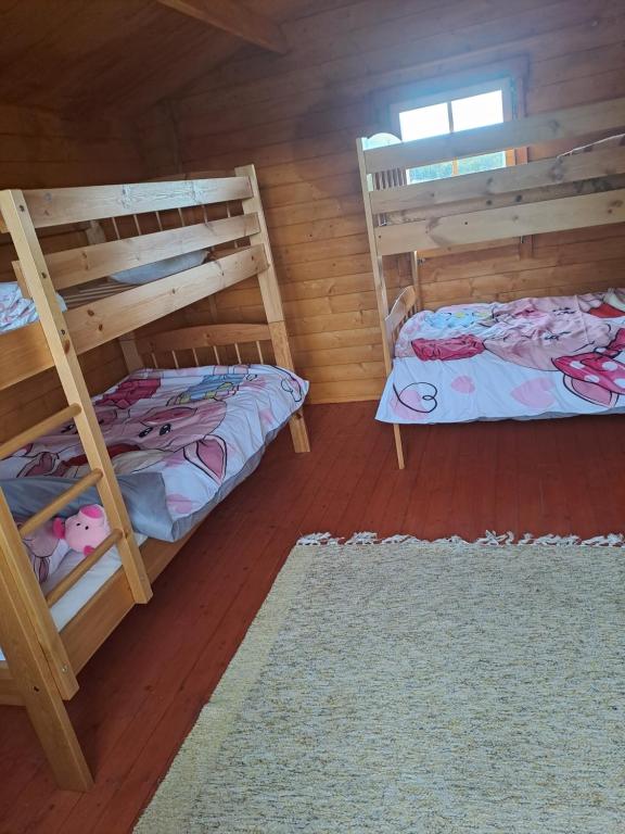 een slaapkamer met 2 stapelbedden en een tapijt bij Kilplaste küla kämpingud 