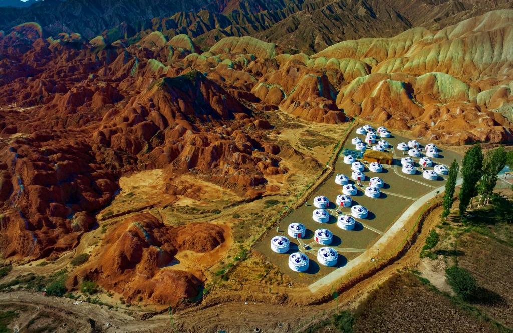 an aerial view of the grand canyon from above at KaoShan Tent Zhangye in Zhangye