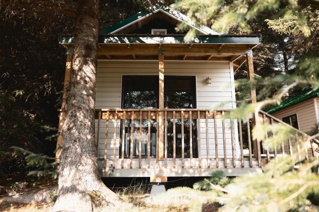 a house with a porch and a tree at Cabin 3 Lynn View Lodge in Haines