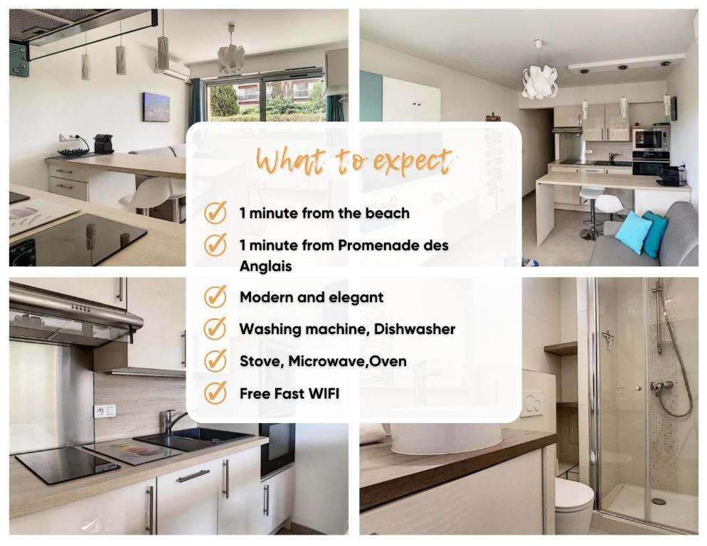 un collage de quatre photos d'une cuisine dans l'établissement Studio - 1 minute de la plage et de la Promenade des Anglais, à Nice