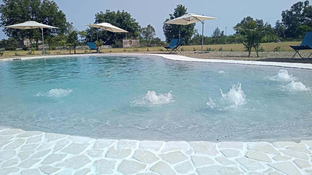 un bassin d'eau avec deux parasols dans l'établissement Minissale Farmhouse, à Calatabiano