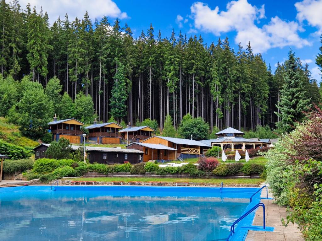 a resort with a large pool in front of a forest at Holiday Home Lesní plovárna B3 by Interhome in Mladé Buky