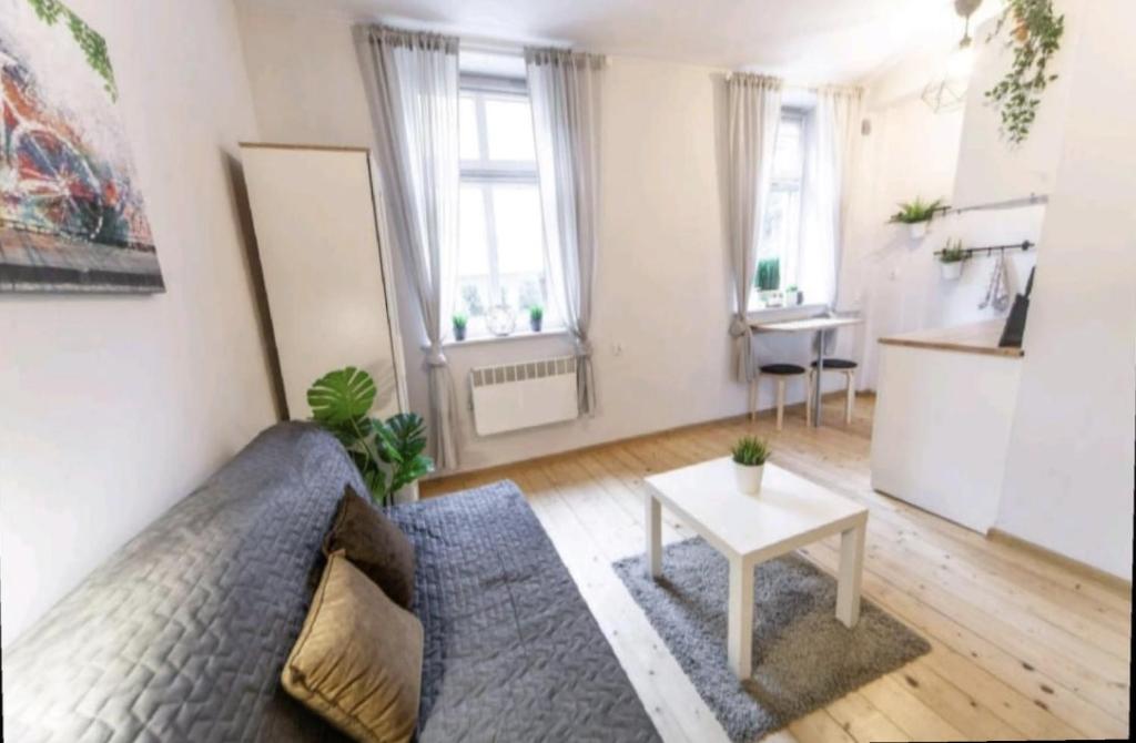 uma sala de estar com um sofá e uma mesa em ViP Apartment Krakow na Cracóvia
