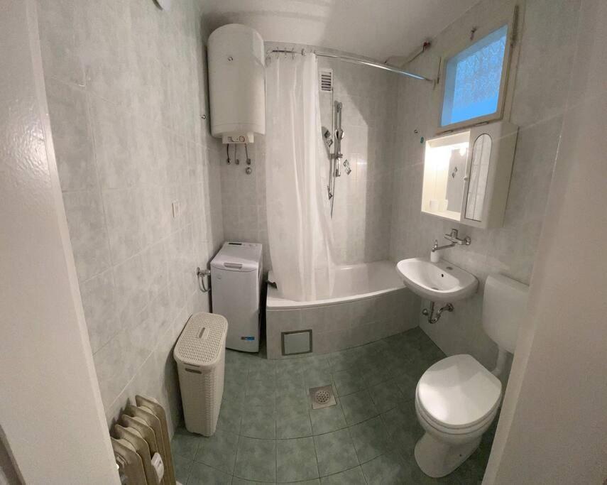 uma casa de banho branca com um WC e um lavatório em Spacious Apartment - green & peaceful em Liubliana