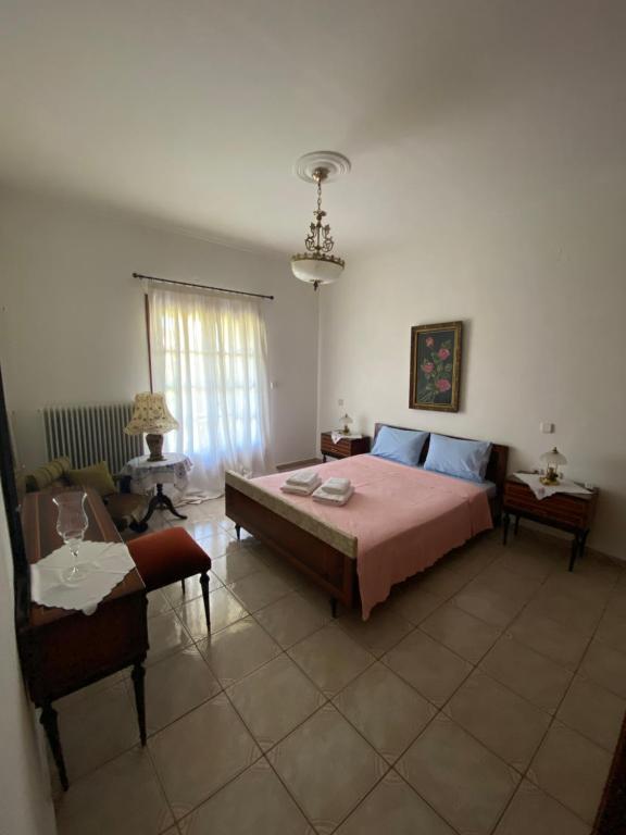 a bedroom with a bed and a table and a chair at Xristos House in Tríkala
