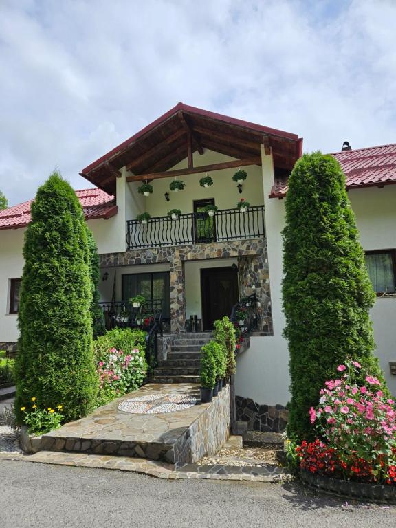 a house with a balcony and some bushes at Casa Alba in Borşa