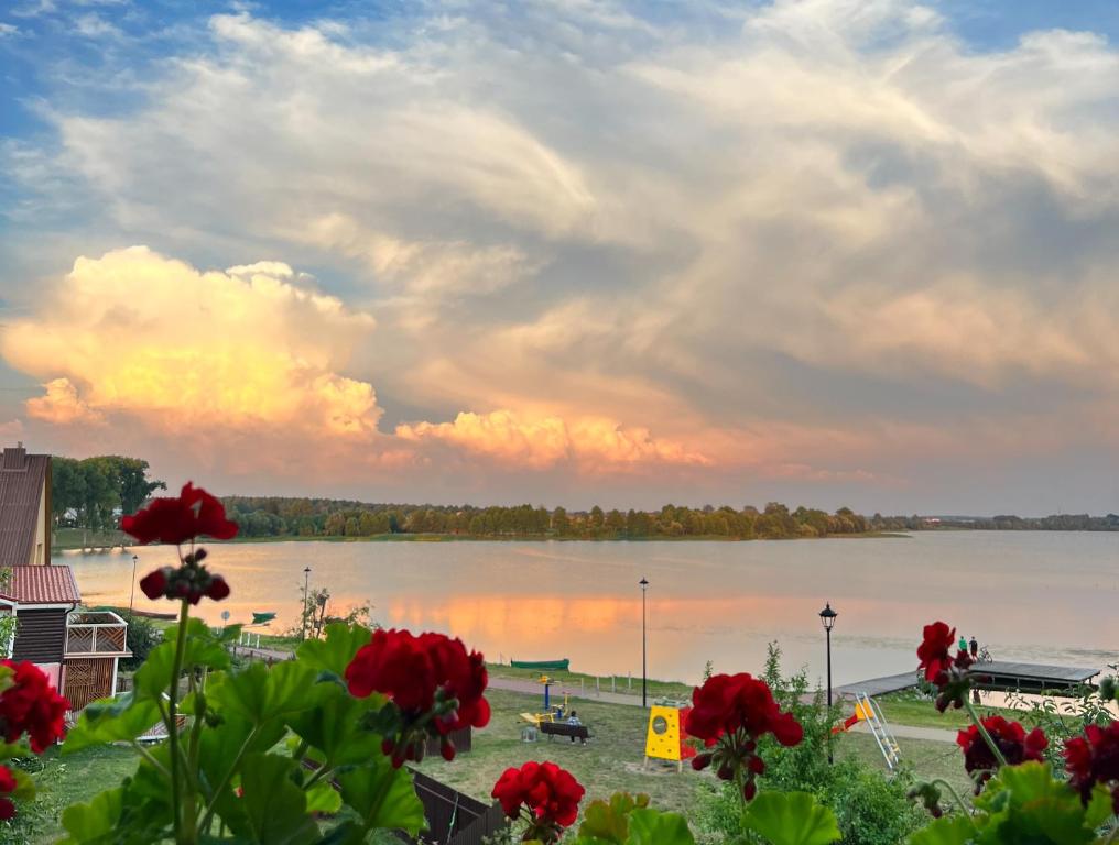 a view of a lake with flowers in the foreground at Lakeview Retreat in Vievis in Vievis