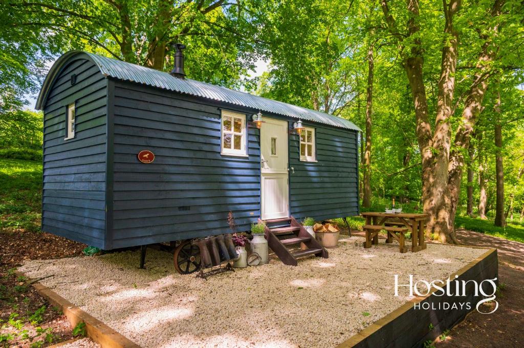 a blue tiny house sitting in the woods at Red Kite Retreat - Pansy - Shepherds Hut 3 in Henley on Thames
