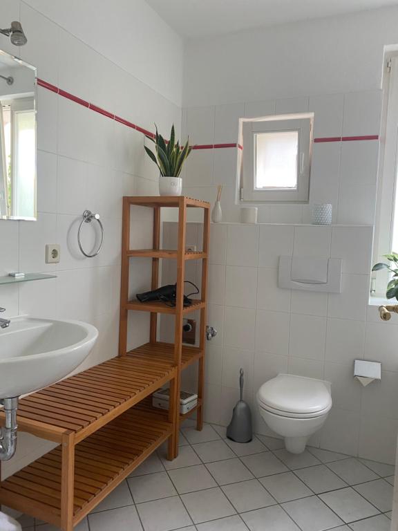 La salle de bains est pourvue de toilettes et d'un lavabo. dans l'établissement City Apartment Dresden, à Dresde