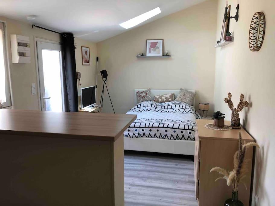 um quarto com uma cama e uma secretária. em Charmant studio proche centre ville d’Orléans em Orléans