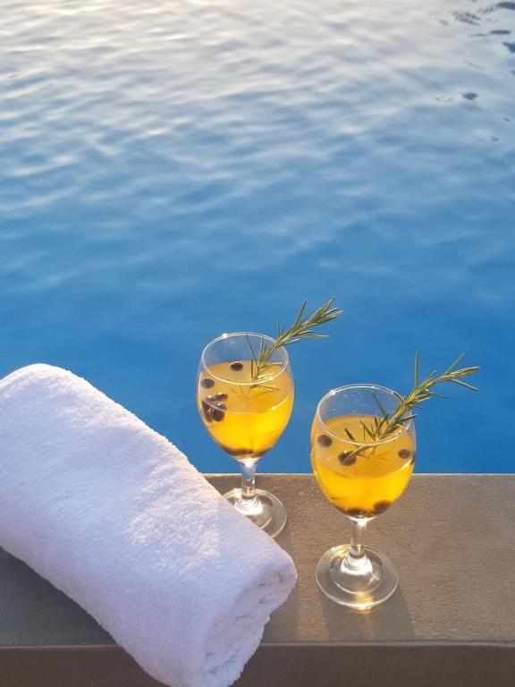 two wine glasses sitting next to a swimming pool at Zelinjski vidikovac in Zvornik