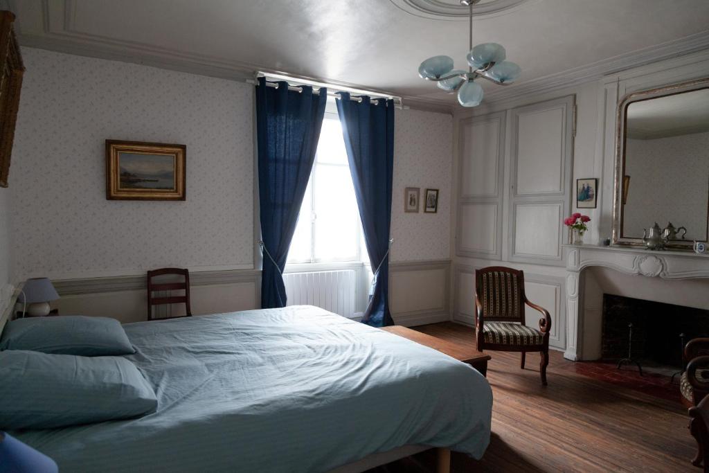 1 dormitorio con 1 cama, chimenea y ventana en les chambres fleuries, en Saint-Benoît-du-Sault