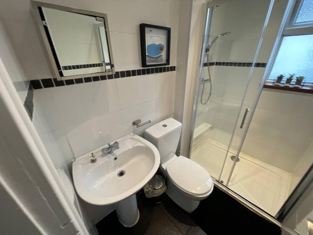 a bathroom with a toilet and a sink and a shower at Boutique Accommodation in Central Location in Liverpool