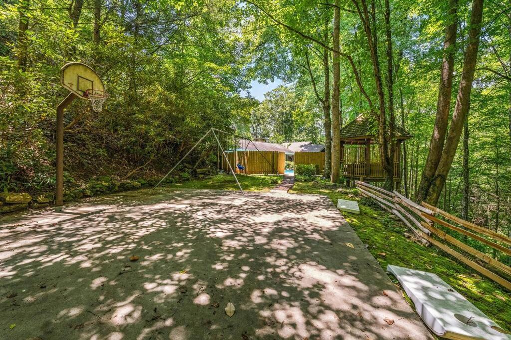 ein Basketballkorb mitten im Wald in der Unterkunft Bourbon Hollow Lodge with Hot Tub and Pool plus Game Room only 5 min to downtown in Gatlinburg