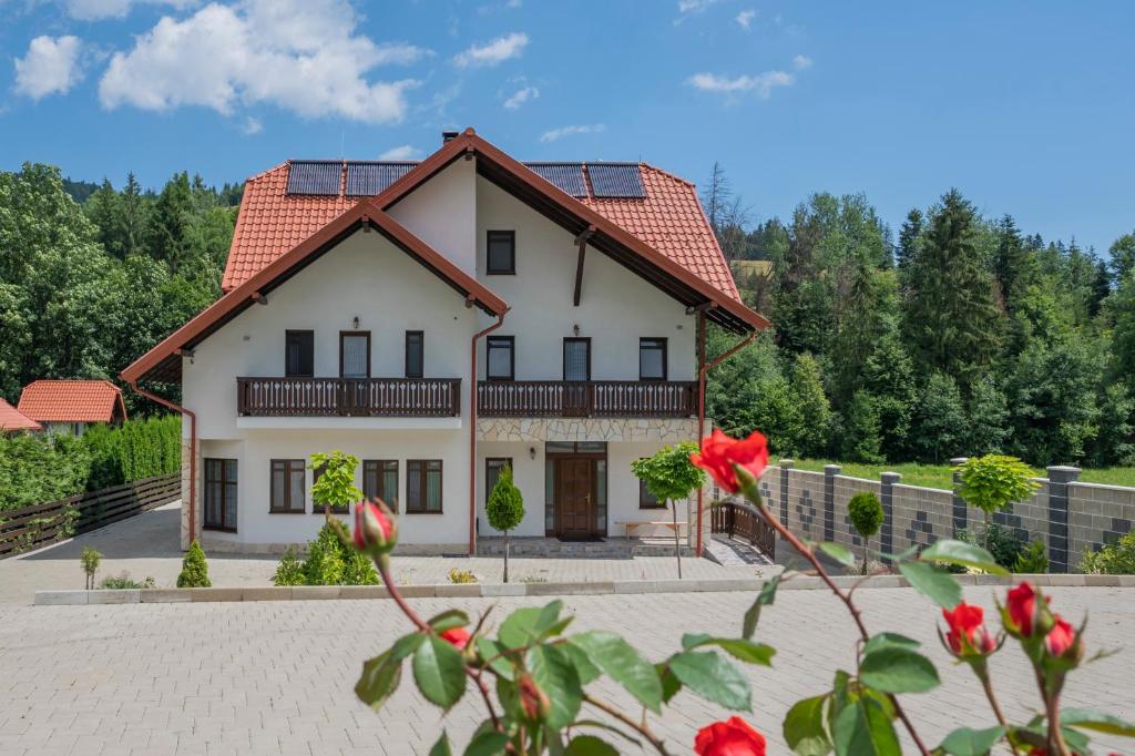 a house with a red roof at Pensiunea Sofy Mar in Poiana Micului