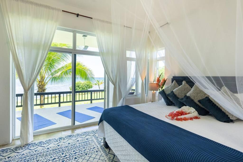 Ivy's Cove Beach Side Condo - Luxury Villa في Whitehouse: غرفة نوم مع سرير وإطلالة على المحيط
