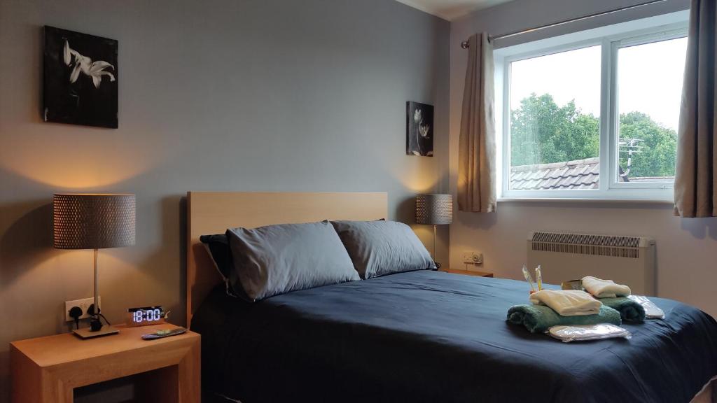a bedroom with a blue bed with a window at Modern 1-Bed Flat in Wigan in Wigan