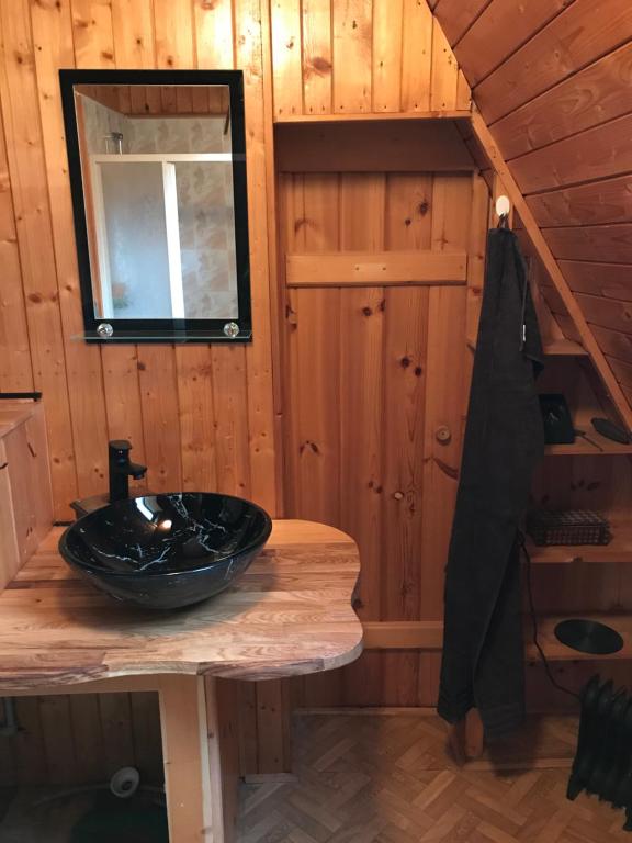ein Badezimmer mit einem Waschbecken in einer Holzhütte in der Unterkunft Chata filozofa in Skawica