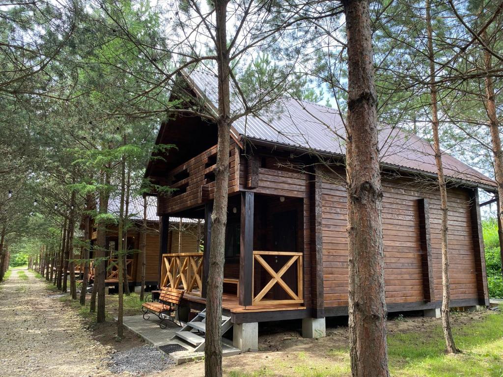 a log cabin with a porch in the woods at Family Resort in Mostiska