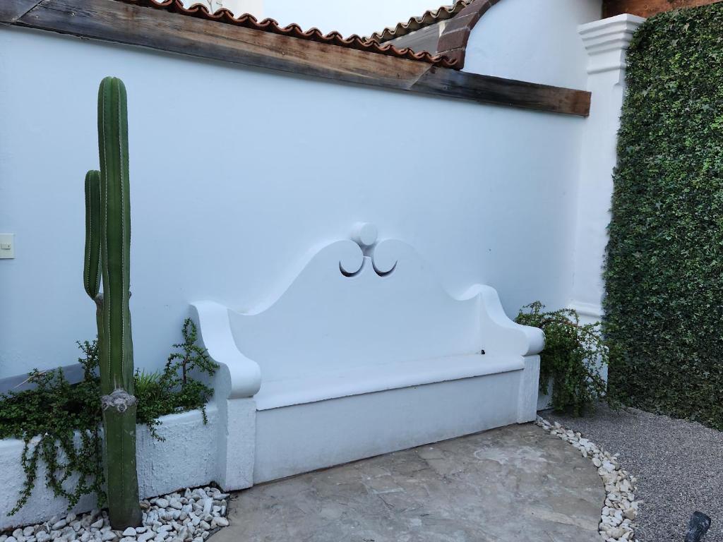 a white bench against a white wall with a cactus at Hermosa Hacienda Las Heliconias in Oaxaca City