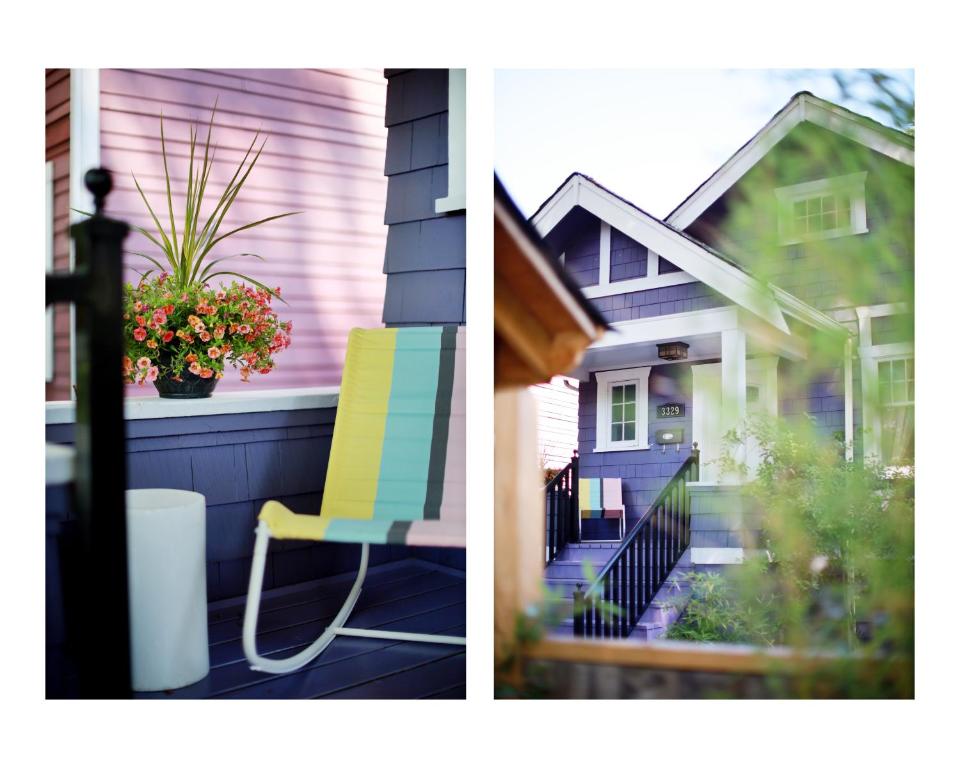 dos fotos de una casa y una silla en un porche en Cozy Home in Kitslano, Vancouver. Free Parking. en Vancouver
