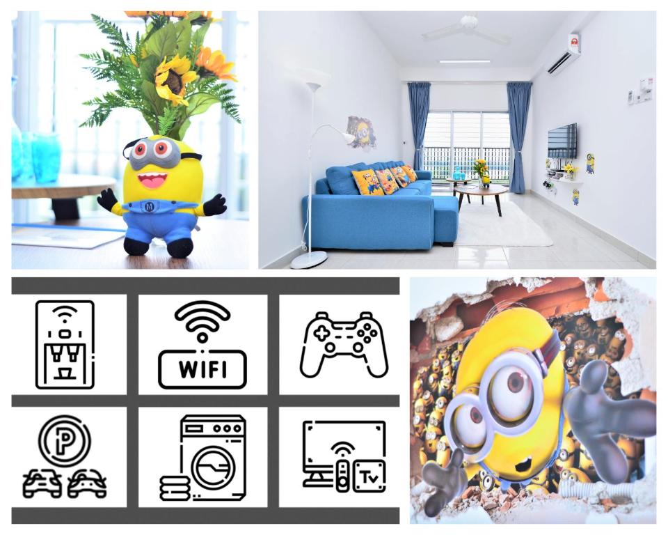 a collage of pictures of a living room with a cartoon at BSP21 Minions Homestay Near KLIA & Splash Mania in Bandar Saujana Putra
