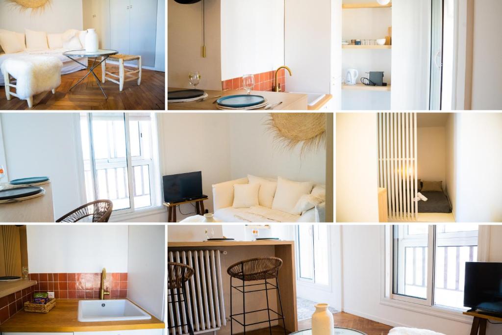 a collage of four pictures of a living room at Le Mucem du Vieux Port in Marseille