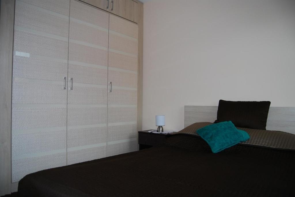 a bedroom with a bed and a large closet at Apartament Słoneczna Skarpa in Rabka-Zdrój