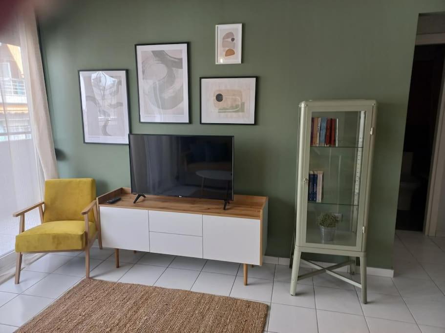 salon z telewizorem i krzesłem w obiekcie Centrally located apartment 2 w mieście Wolos