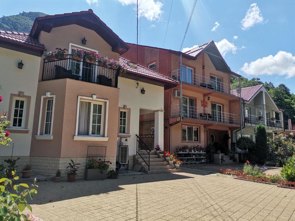 a group of houses with balconies and flowers at VILA ANA in Băile Herculane