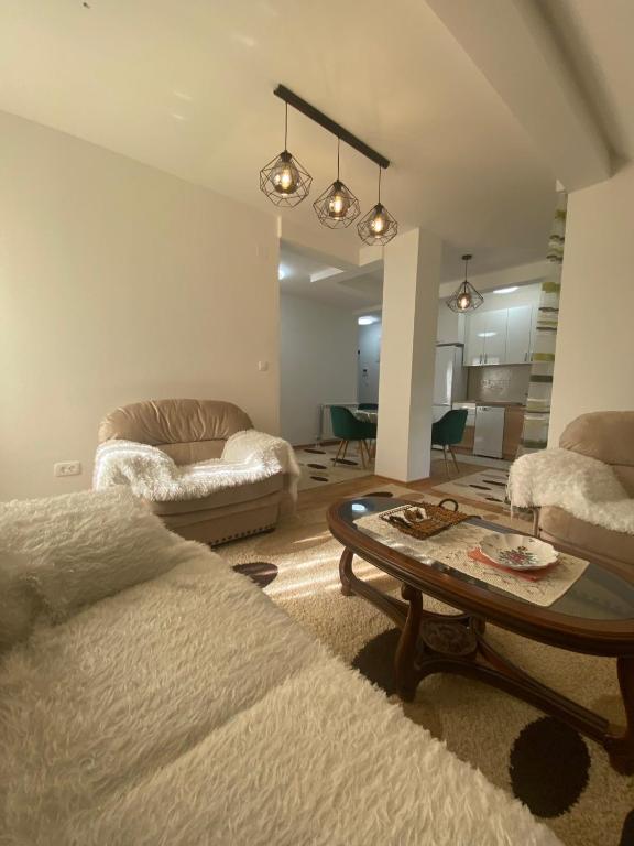 a living room with a couch and a coffee table at Pirlitor Mountain Apartment in Žabljak