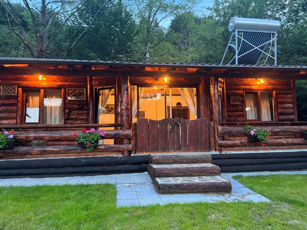 Cabaña de madera con porche y puerta en Cabana MARISA en Dărmăneşti